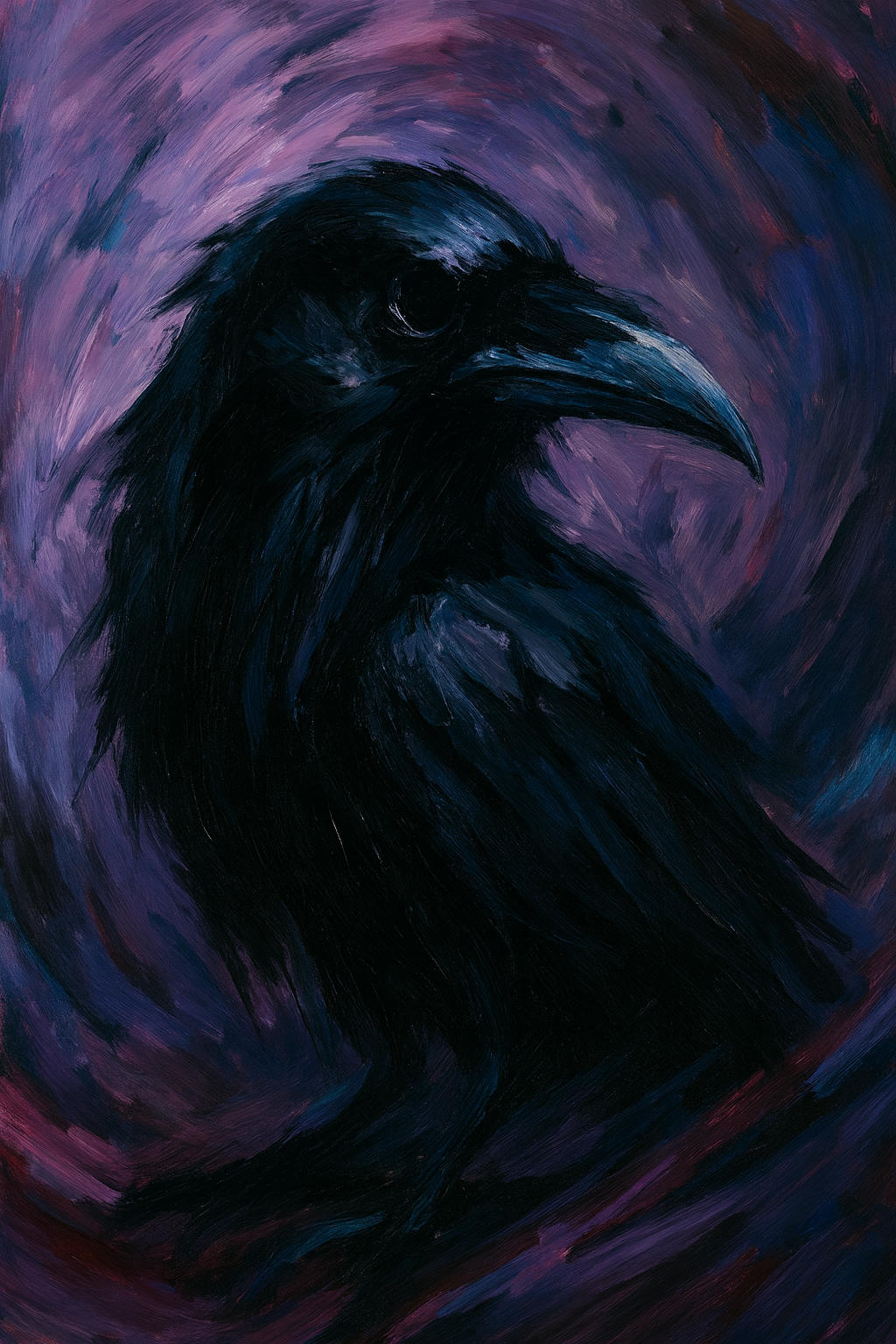 The AI-generated image shows a 
                        dark, shadowy crow rendered in thick, expressive brushstrokes, its form emerging from deep 
                        purples and blues that swirl around it. The bird's silhouette is dramatic and moody, 
                        with its beak and feathers subtly highlighted against the storm-like, textured background.