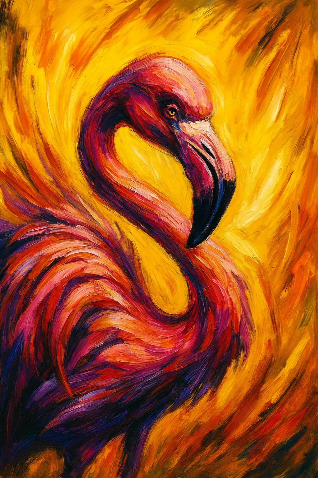 An expressionist AI-generated 
                        image of a confident flamingo standing against a fiery yellow background with bold, sweeping, 
                        highly visible brushstrokes. The flamingo's vibrant pinks and reds blend into the swirling 
                        yellow strokes, emphasizing themes of self-expression, confidence, and radiant energy