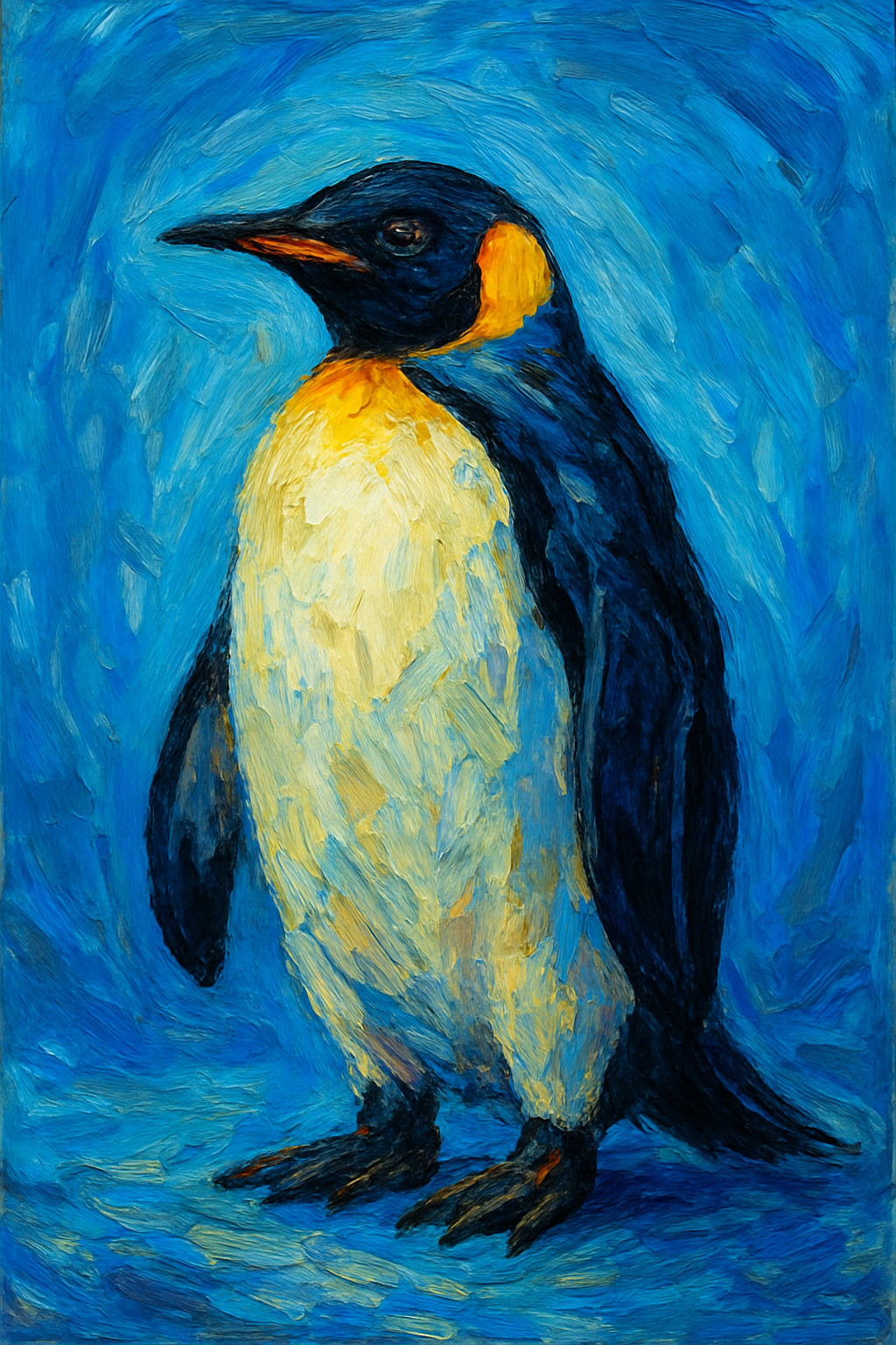 An expressionist AI-generated 
                        image of a penguin standing against a deep-blue background filled with bold, textured brushstrokes 
                        in both light and dark blue. The strong, sweeping strokes and vivid contrasts emphasize the 
                        penguin's symbolism of faith, loyalty, fidelity, and devotion