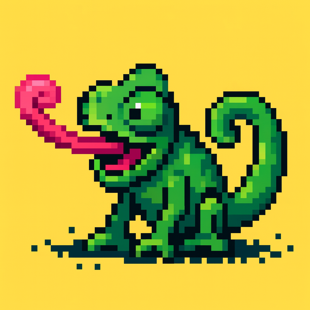 A playful green pixel-art chameleon sits 
                        on a yellow background with its long pink tongue stretched outward. Its curled tail and 
                        bright, blocky shading give it a lively, cartoon-like appearance.