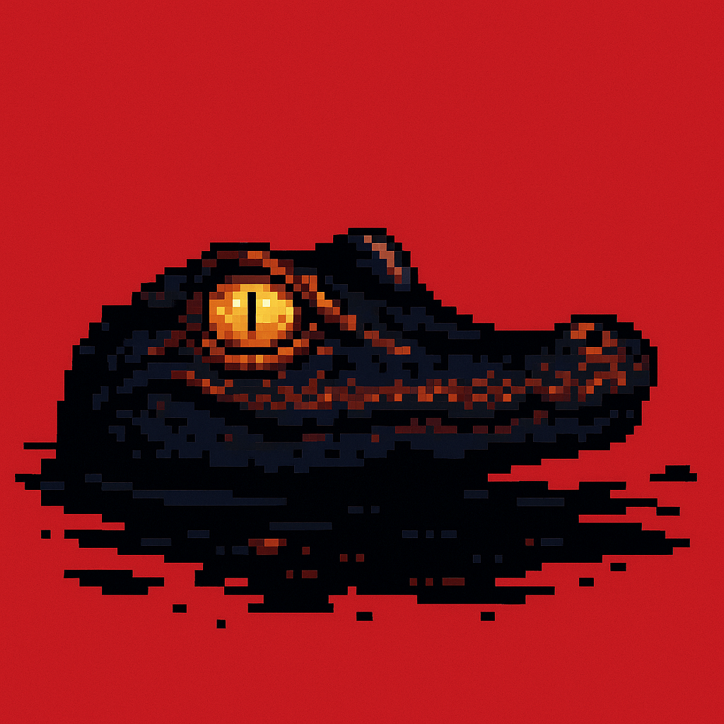Pixel art of a crocodile's head emerging 
                        from dark water, shown against a solid red background. Its bright yellow eye glows 
                        intensely, drawing attention to the animal's strong night vision. The crocodile's body is 
                        rendered in deep shadowed tones, creating a dramatic contrast with the vivid backdrop.