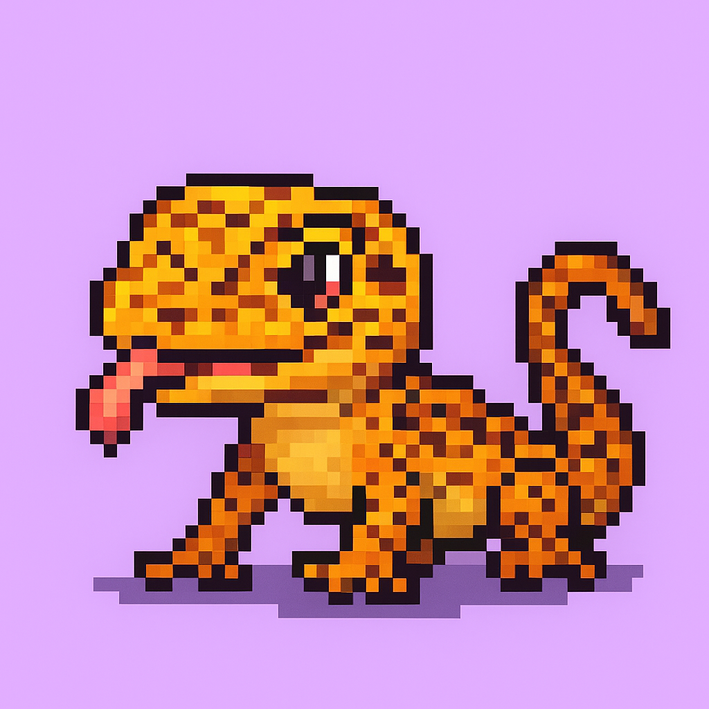 A pixel-art leopard gecko stands on a 
                        light purple background with its long pink tongue sticking out. The gecko's orange and 
                        yellow patterned body is rendered in blocky 8-bit shading, and its curved tail adds a 
                        playful shape. A simple shadow beneath it grounds the character, giving it a retro video-game 
                        look.