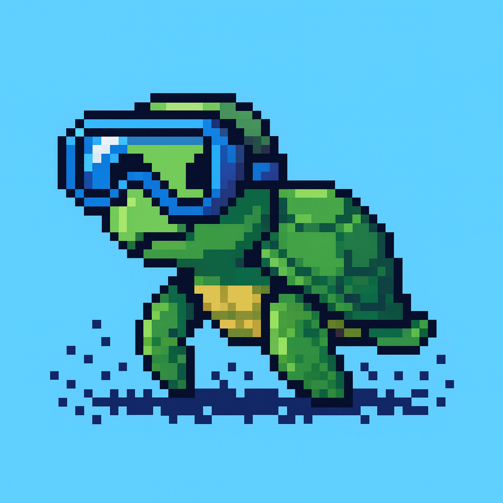 A green pixel-art sea turtle stands 
                        on a light blue background that acts like water while wearing shiny blue swimming goggles. 
                        Its blocky shading, detailed shell, and scattered pixel shadows give it a 
                        playful, cartoon-like appearance.