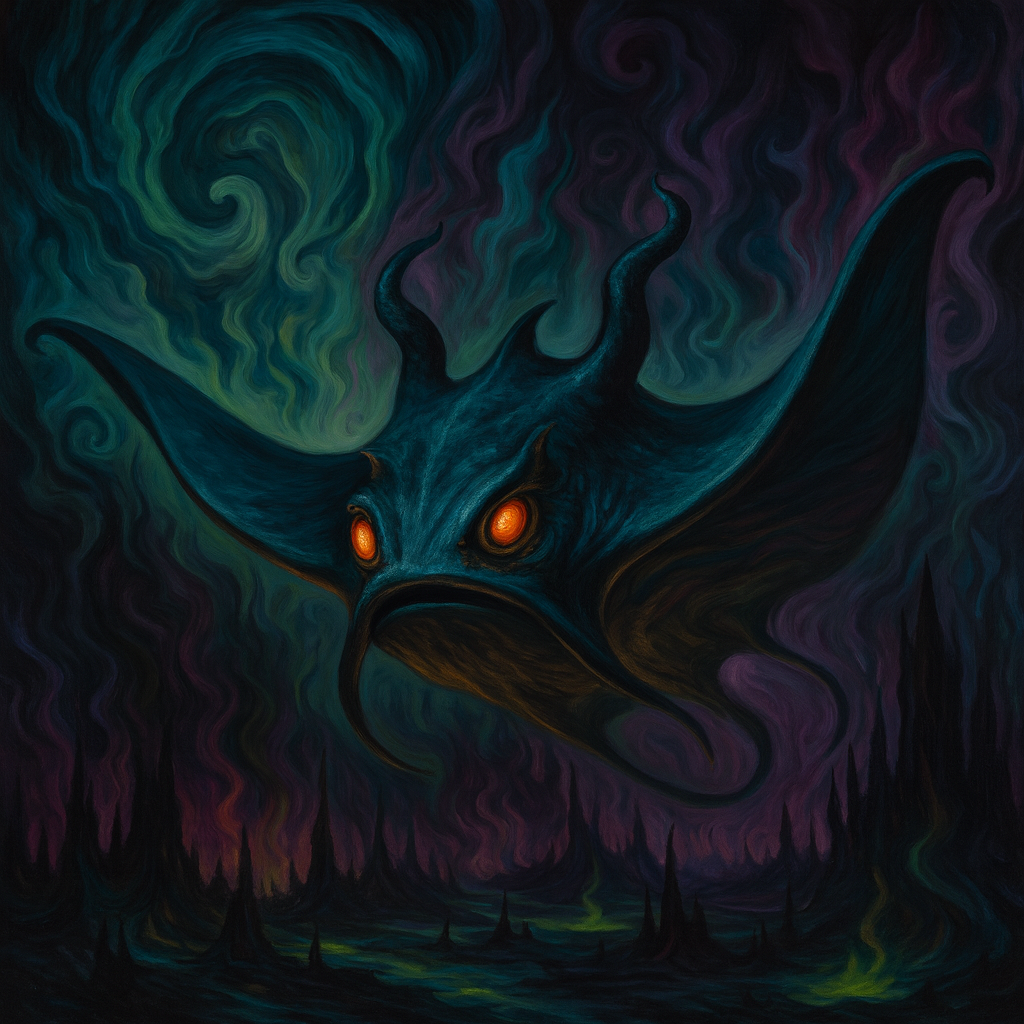 A dark, horned devil ray with 
                        glowing orange eyes floats in a surreal underworld. The background swirls with deep green 
                        and purple hues, rising like smoke above jagged spires in a dreamlike hellscape