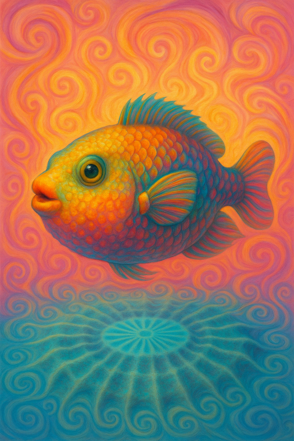 Surrealist artwork of a brightly 
                        colored pufferfish floating above an elaborate sand pattern that resembles the circular 
                        “pufferfish sand art” seen in nature. The background is filled with swirling pink, orange, 
                        and warm-toned shapes that curl and twist like painted clouds. The fish's vivid scales and 
                        exaggerated colors, combined with the dreamlike spirals below, create an otherworldly, 
                        whimsical atmosphere.