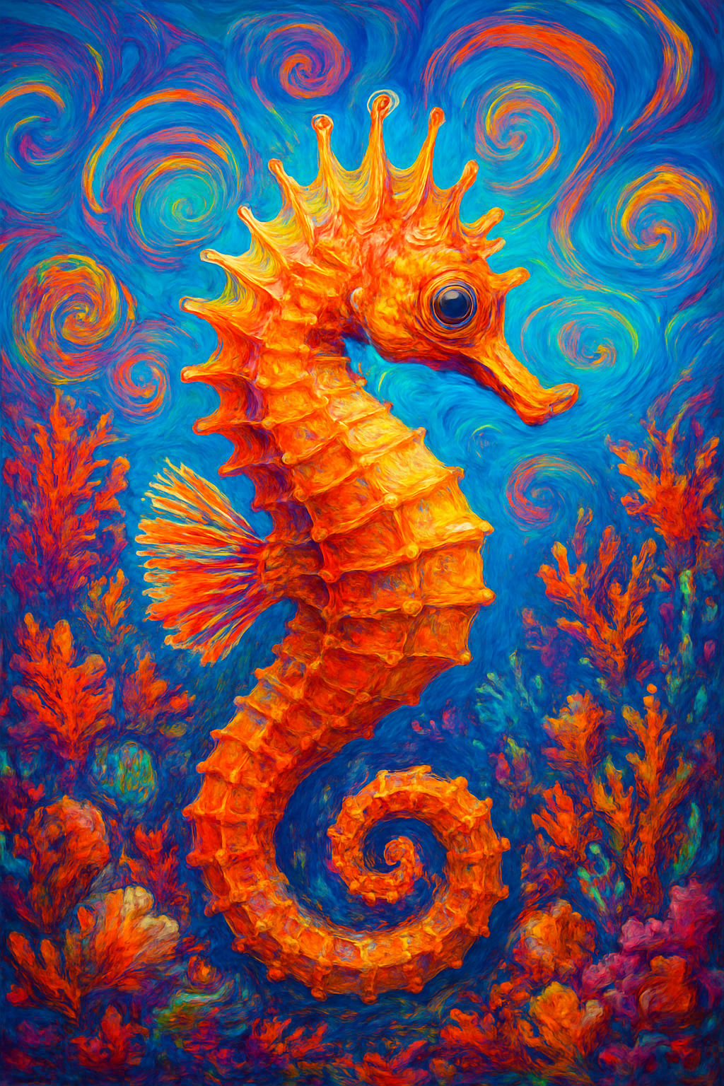 A bright orange seahorse floats in a 
                        vivid, swirling underwater scene painted with thick, textured strokes. Bold blue and orange spirals 
                        fill the background while vibrant coral fans frame the seahorse, giving the image a dynamic sense 
                        of motion