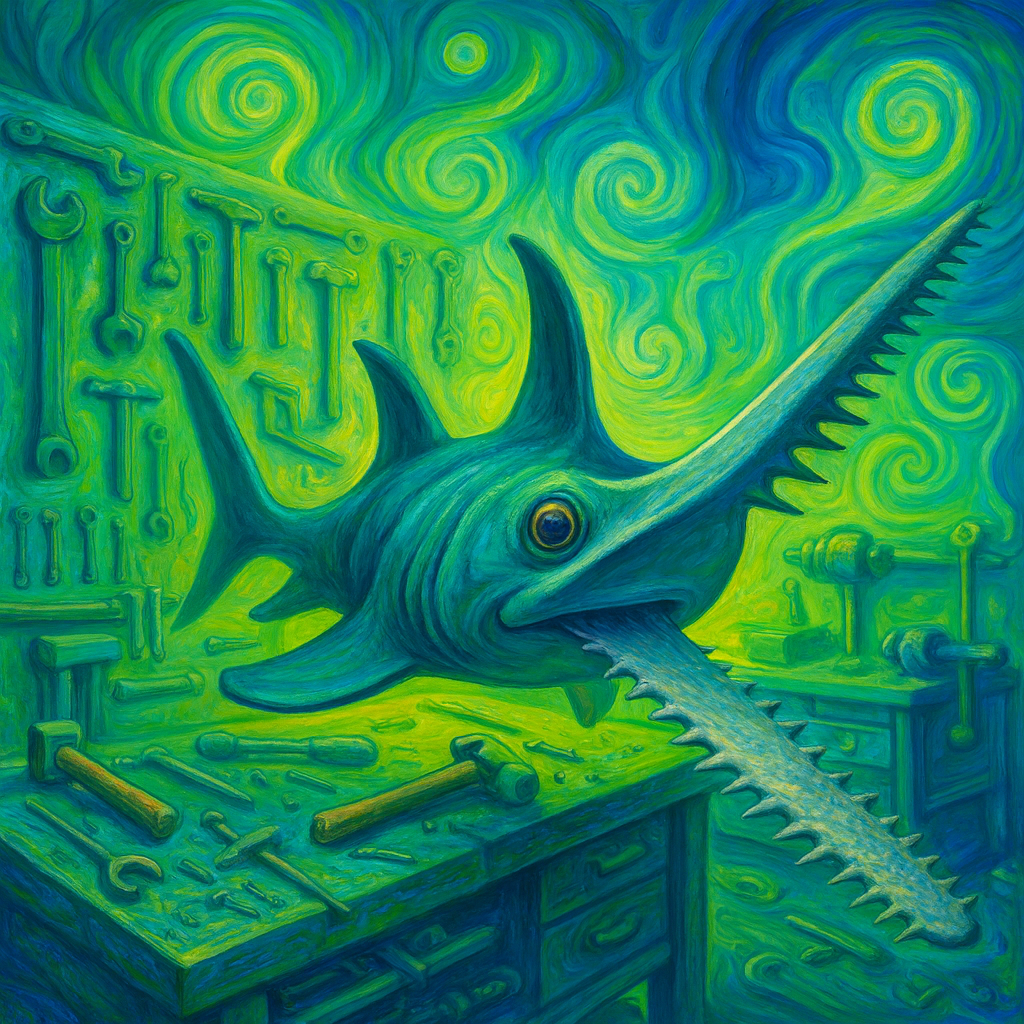 A surreal smalltooth sawfish 
                        floats through a brightly colored workshop filled with tools and swirling cool-toned patterns. 
                        Bright greens and blues dominate the scene as spiral shapes twist across the walls, creating a 
                        dreamlike, otherworldly atmosphere.